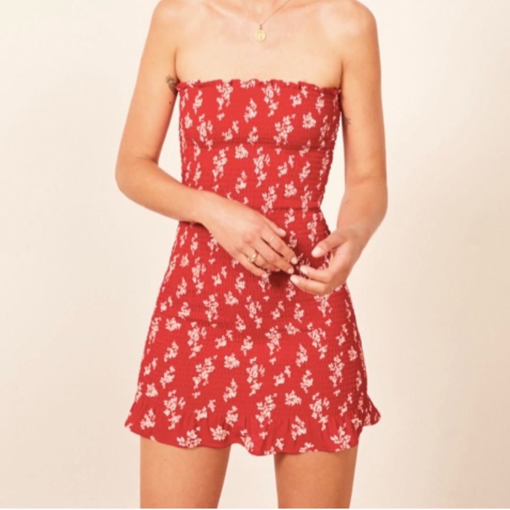 Reformation Chantilly Strapless Red Floral Dress